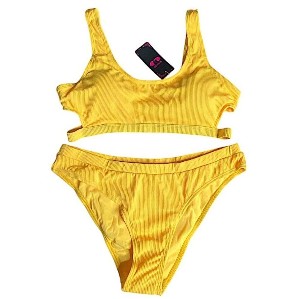 Shekini Womens Size XL Bikini New Ribbed Two Piece Cut Out Padded Top Edgy